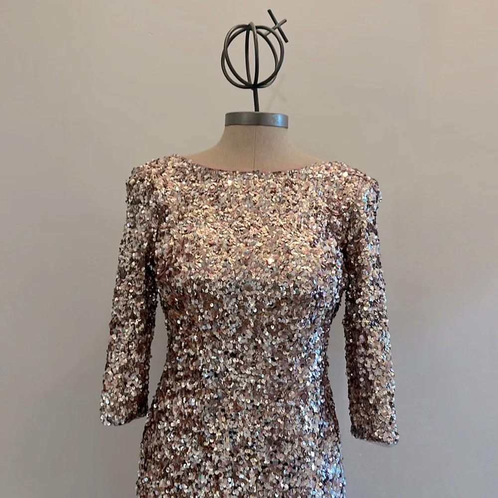 Adrianna papell 3/4 sleeves fully colorful sequins round neck midi dress - Picture 4 of 12